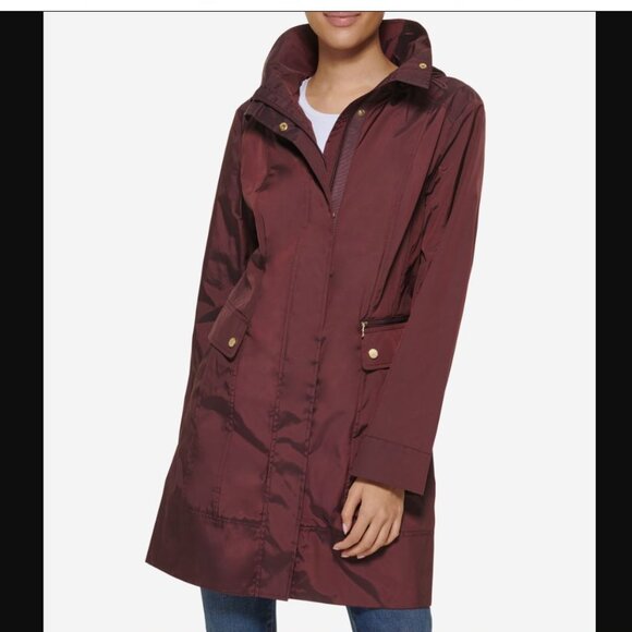 Cole Haan Women's Merlot Signature Packable Hooded Rain Jacket Tie Back Size M - Picture 1 of 16
